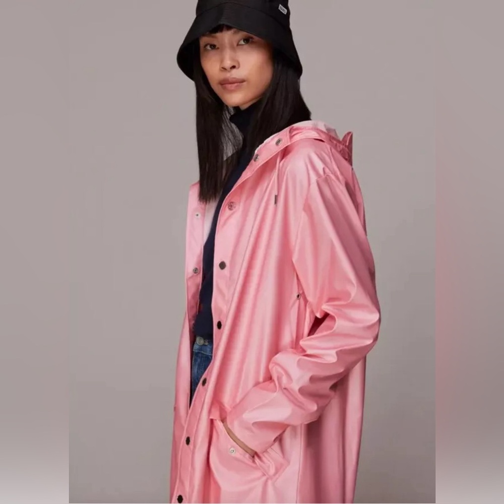 RAINS Pink Long Raincoat With Hood